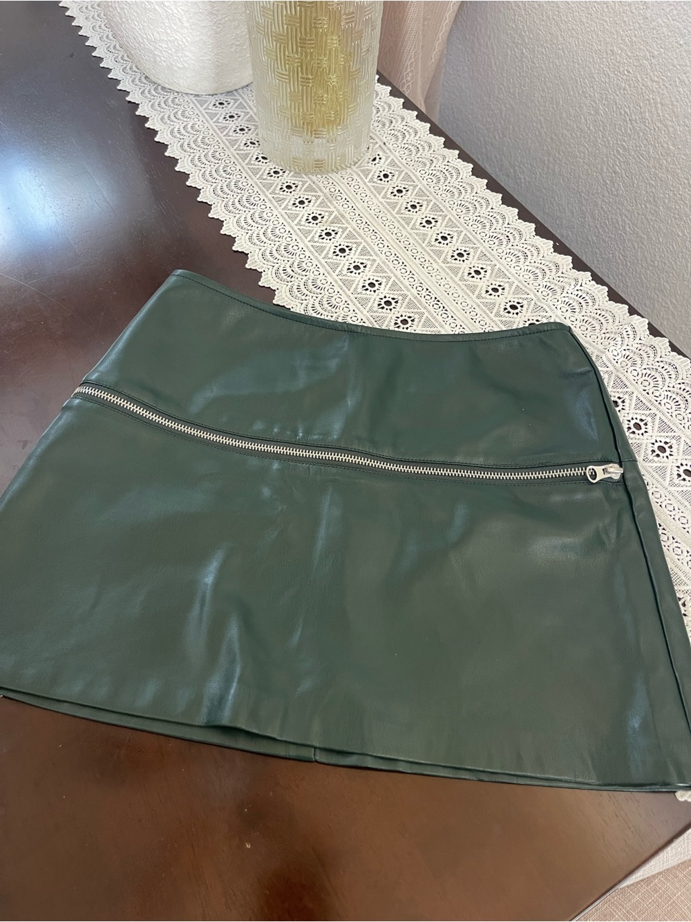 Faux Leather Mini Skirt with Decorative Zip - Dark Green